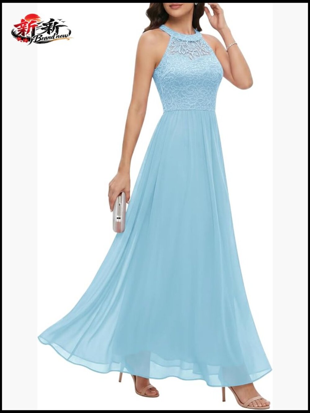Halter Floor Length Floral Lace Formal Dress A-Line Prom Bridesmaid Gown with